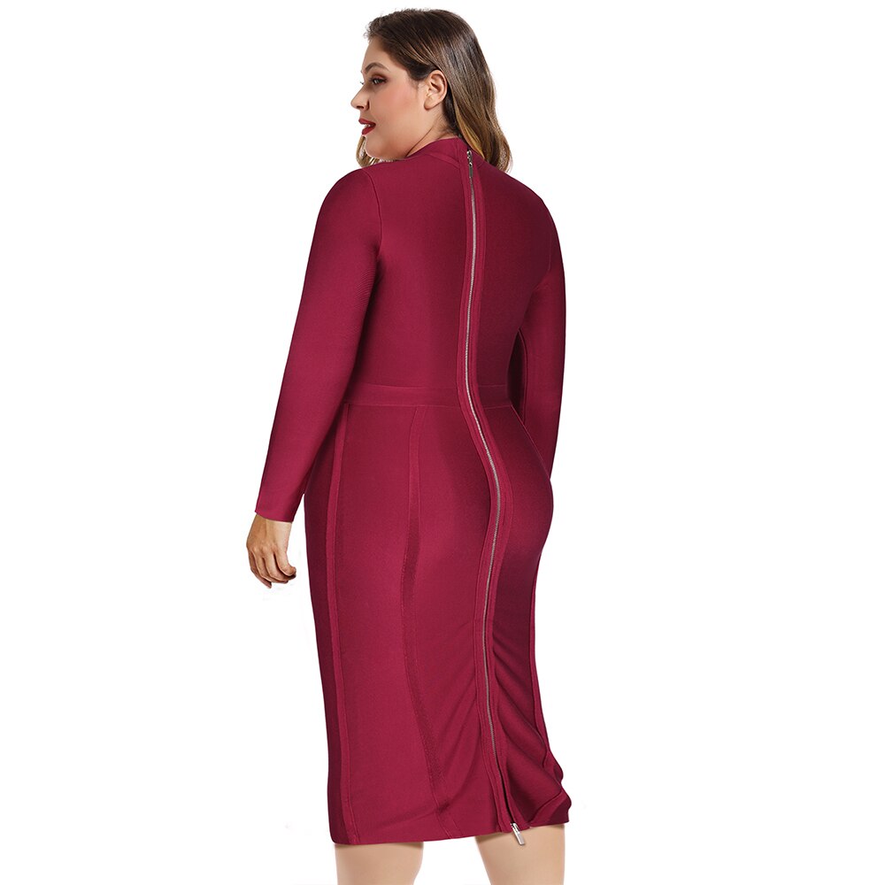 Wine Long Sleeve Bandage Dress Plus Size XL-3XL