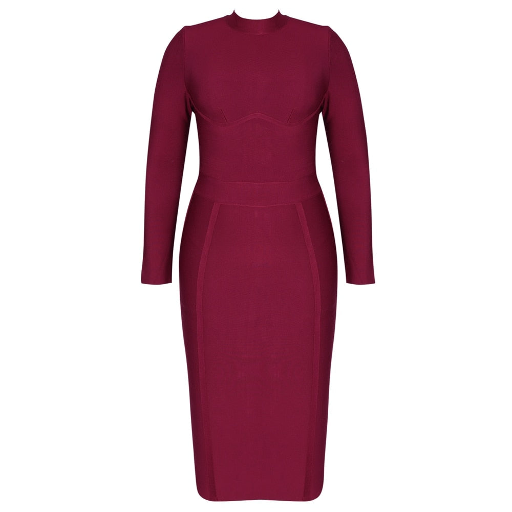 Wine Long Sleeve Bandage Dress Plus Size XL-3XL