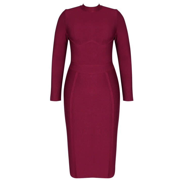 Wine Long Sleeve Bandage Dress Plus Size XL-3XL