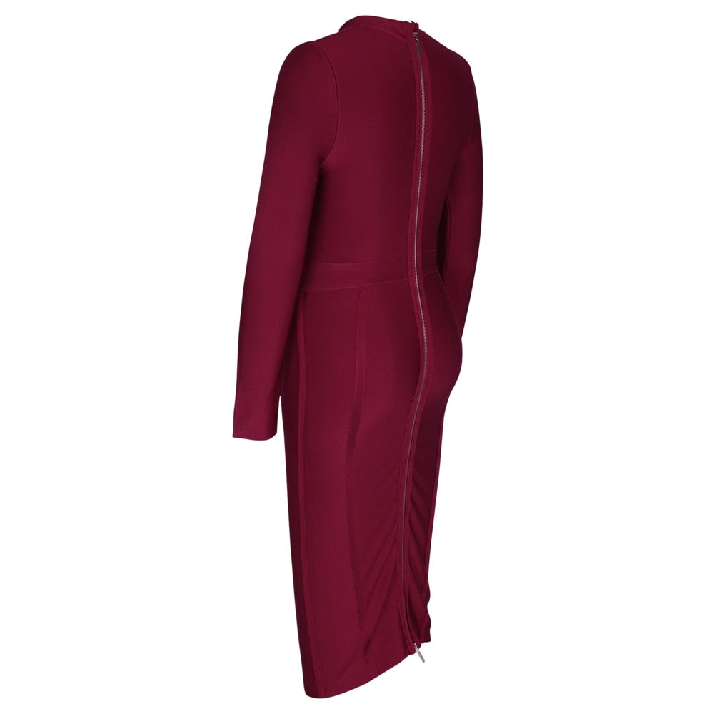 Wine Long Sleeve Bandage Dress Plus Size XL-3XL