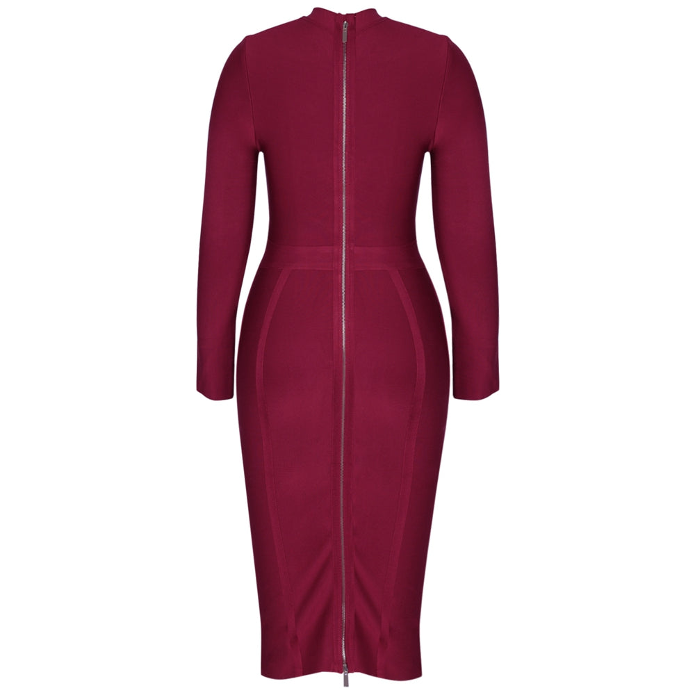 Wine Long Sleeve Bandage Dress Plus Size XL-3XL