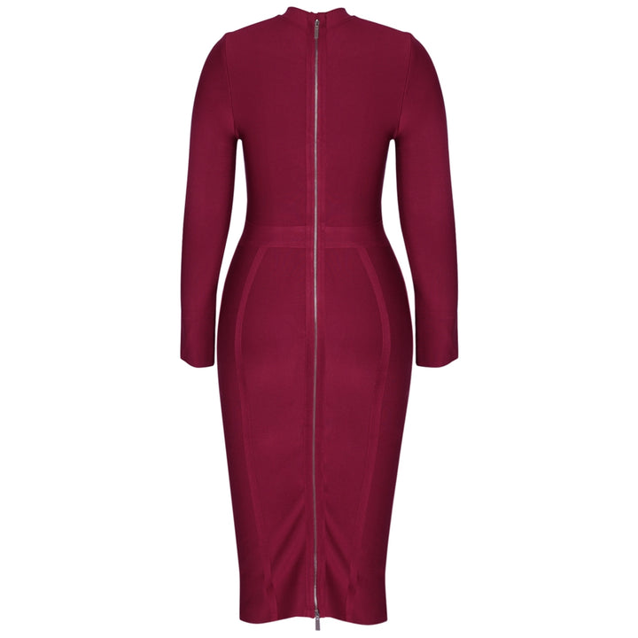 Wine Long Sleeve Bandage Dress Plus Size XL-3XL