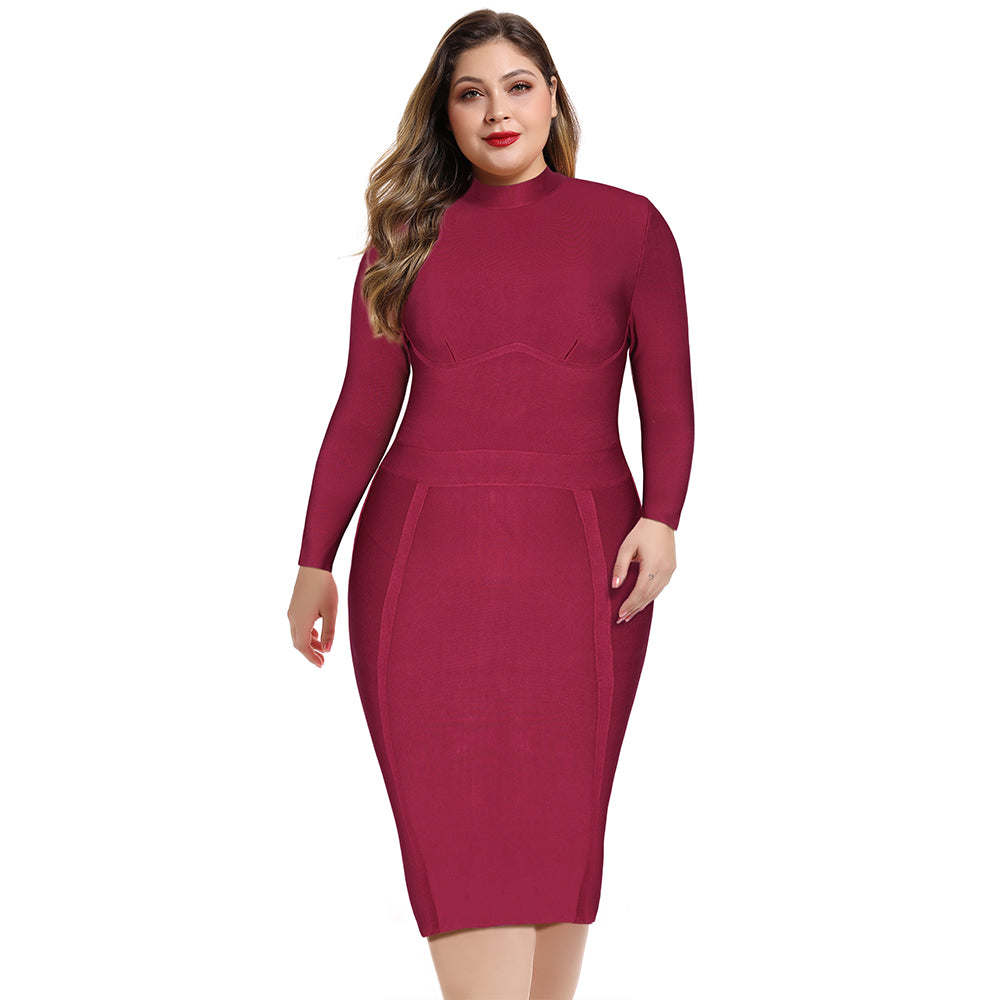 Wine Long Sleeve Bandage Dress Plus Size XL-3XL