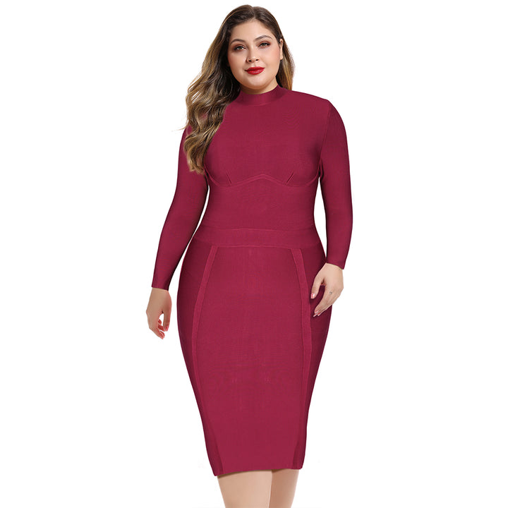 Wine Long Sleeve Bandage Dress Plus Size XL-3XL
