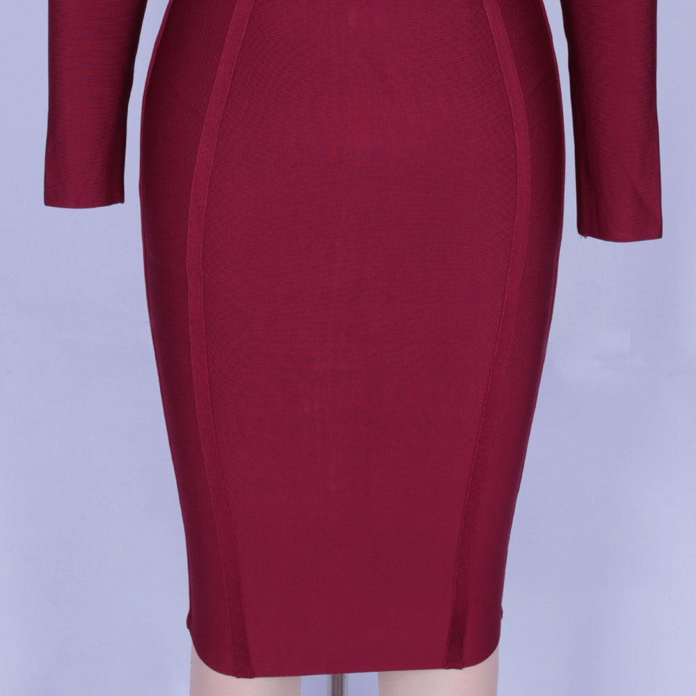 Wine Long Sleeve Bandage Dress Plus Size XL-3XL