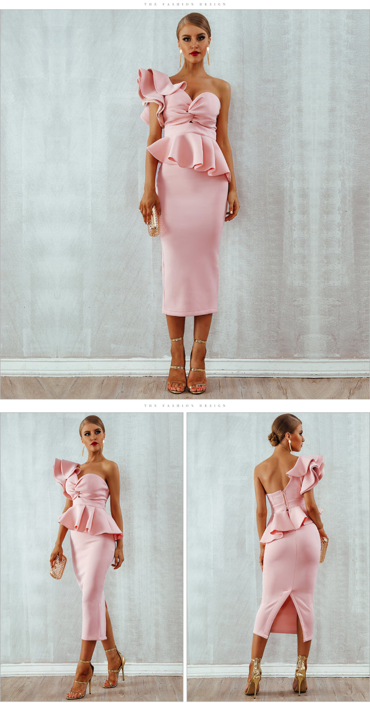 Robe De Soirée Femmes Sexy Moulante Ensembles Une Épaule Volants À Manches Courtes Sans Bretelles-set d&