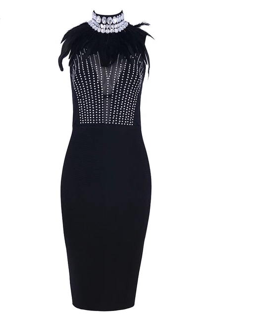 Robe De Luxe Sans Manches Noir Plume avec Diamant-robe-Adrienne&amp;Sandrine