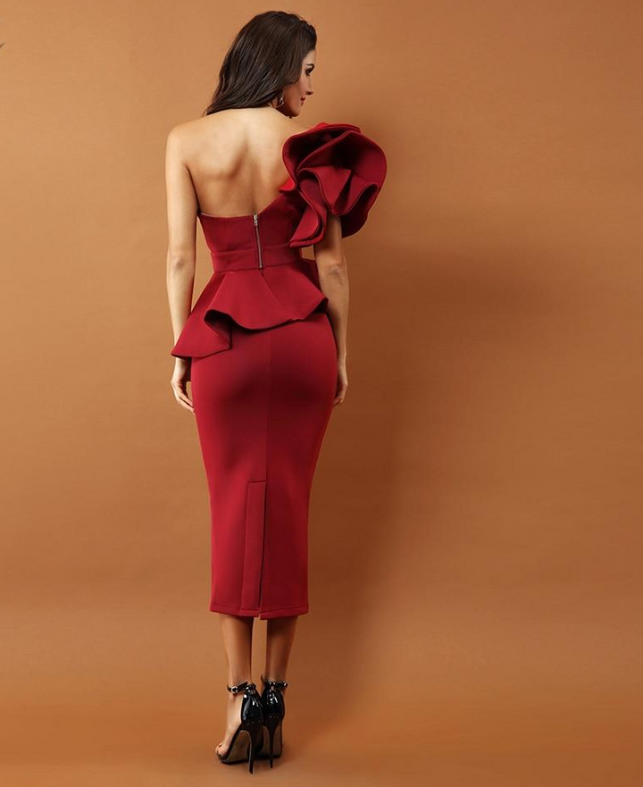 Robe De Soirée Femmes Sexy Moulante Ensembles Une Épaule Volants À Manches Courtes Sans Bretelles-set d&