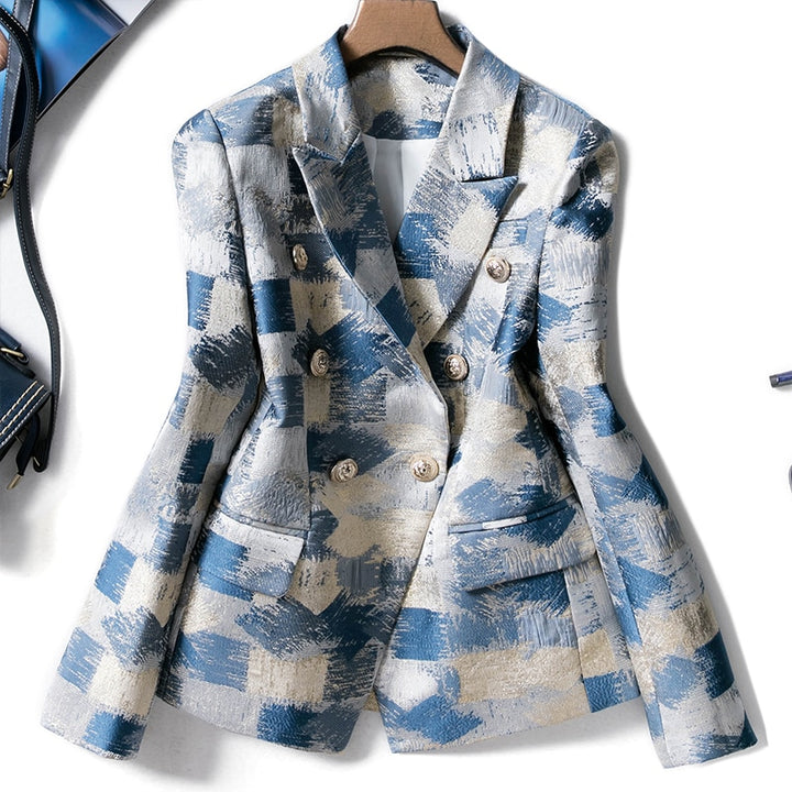 Blazer Entaillé Double Poitrine Plaid Impression Graffiti-veste-Adrienne&amp;Sandrine