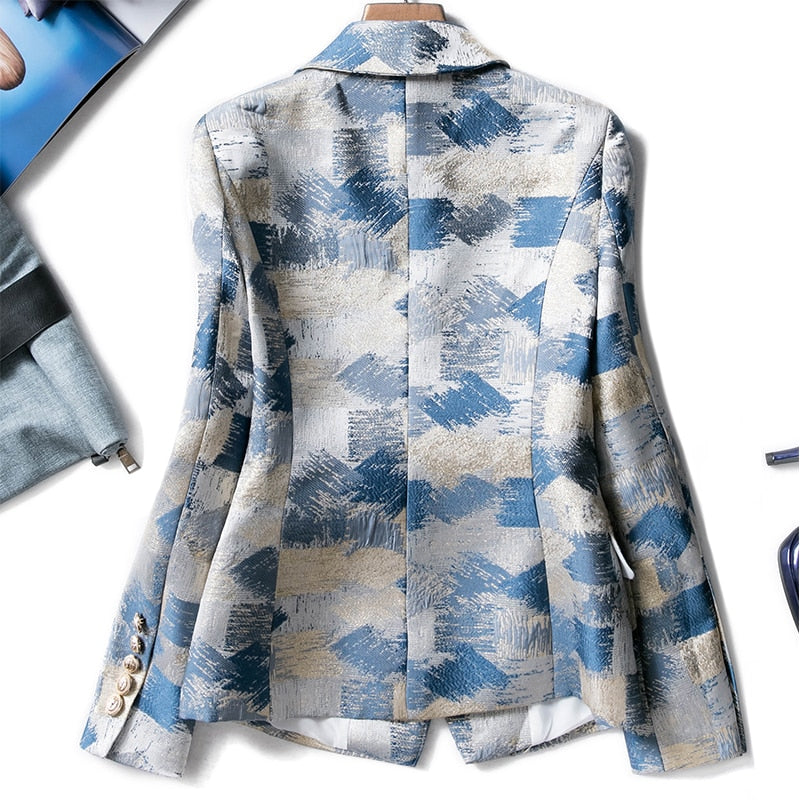 Blazer Entaillé Double Poitrine Plaid Impression Graffiti-veste-Adrienne&Sandrine