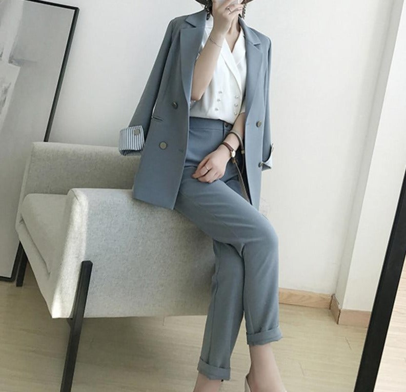 2 pièces ensembles à double boutonnage Blazer surdimensionné + pantalon taille L-5XL-set d'ensemble-Adrienne&Sandrine