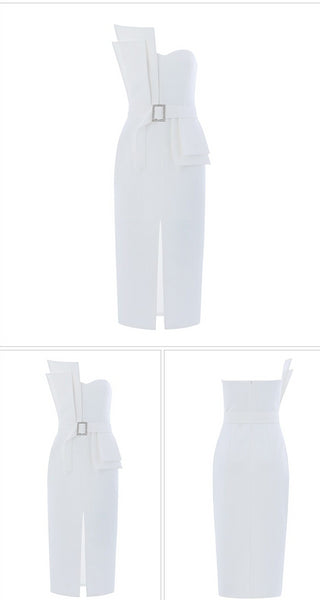 Sexy Robe Soirée Blanc Bustier Sans Manches avec Ceintures Moulante-robe-Adrienne&Sandrine
